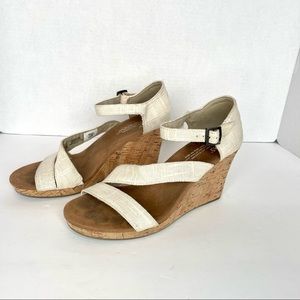 Toms Natural Linen Clarissa Strappy Cork Wedge Sandal Open Toe Shoe Size 7.5